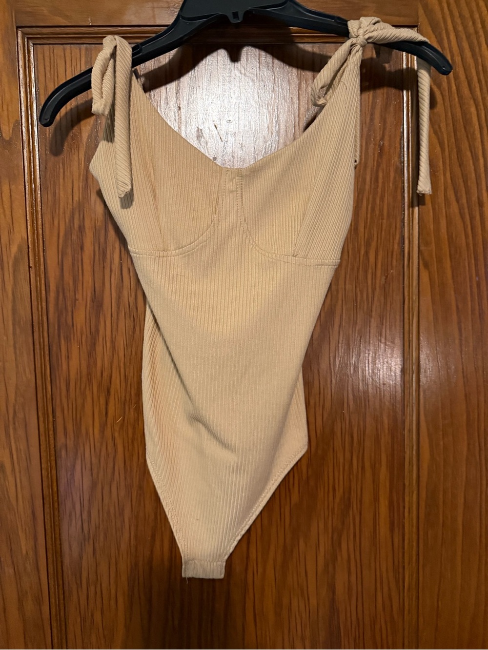 gaze Ribbed Tie-Shoulder Bodysuit in Tan